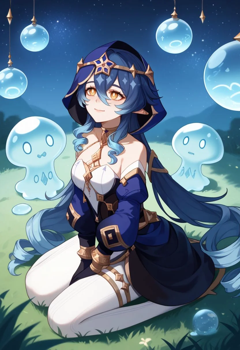 score_9, score_8_up, score_7_up, source_anime, 1girl, layladef, blue hair, yellow eyes, drill hair, hair between eyes, drill sidelocks, twin drills, pointy ears, blue hood, jewelry, neck ring, bare shoulders, detached sleeves, juliet sleeves, puffy long sleeves, claw ring, black gloves, white pantyhose, bags under eyes, thighlet, smile, closed mouth, exhausted, wariza, kneeling, (looking up), outdoors, grass, starry sky, moon, night, orb, close-up, from above, slime \(genshin impact\), fungi \(genshin impact\), from side, <lora:Layla_v1-000010:1>