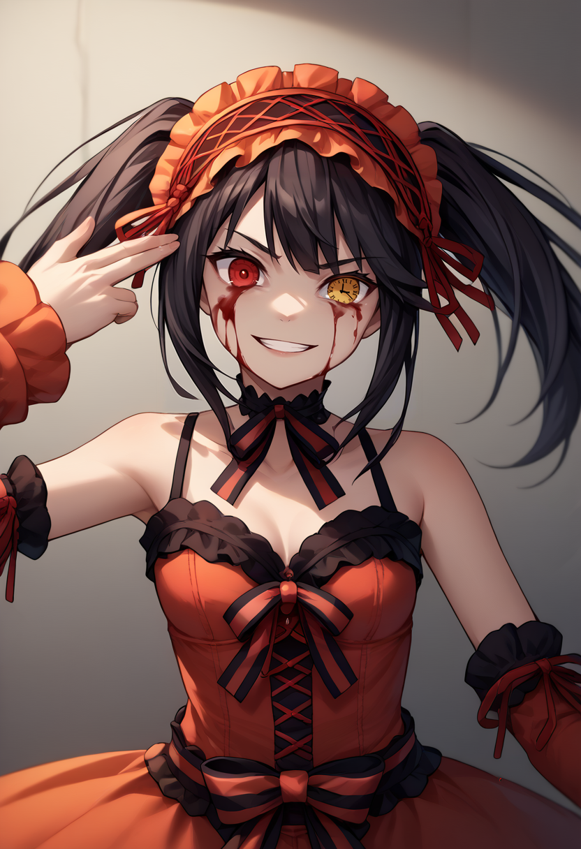 score_9, score_8_up, score_7_up, source_anime, 1girl, finger gun to head, <lora:FingergunToHead_XLPD:1>, upper body, <lora:ChamTokisakiKurumiPonyXL:1>, KurumiBase, clock eyes, red eye, yellow eye, heterochromia, black hair, twintails, hairband, red dress, striped bow, frills, detached sleeves, frilled choker, evil grin, laughing, blood on face, blood, blood on clothes,