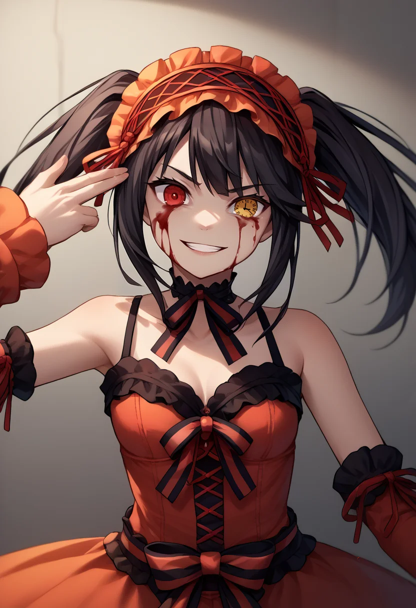 score_9, score_8_up, score_7_up, source_anime, 1girl, finger gun to head, <lora:FingergunToHead_XLPD:1>, upper body, <lora:ChamTokisakiKurumiPonyXL:1>, KurumiBase, clock eyes, red eye, yellow eye, heterochromia, black hair, twintails, hairband, red dress, striped bow, frills, detached sleeves, frilled choker, evil grin, laughing, blood on face, blood, blood on clothes,