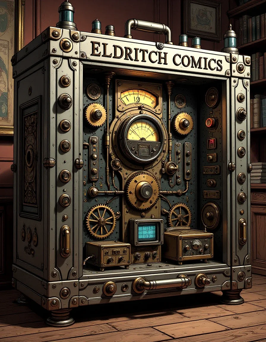 a mysterious electronic machine with brass gears and exposed inner wiring and vacuum tubes with various knobs and switches and a small CRT readout display and oscilloscope with bold text in chrome stamped on the machine that reads "Eldritch Comics"