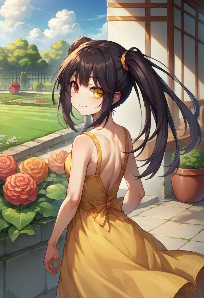 score_9, score_8_up, source_anime, 1girl, solo, TokisakiKurumi, black hair, twintails, heterochromia, red eye, yellow eye, clock eyes, from behind, yellow sundress, garden, day, sunshine, smile, looking back, <lora:ChamTokisakiKurumiPonyXL-000008:1>