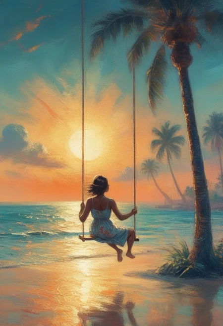 a woman on the beach. She is sitting on a swing. swing moves. sun. sea. palm trees
best quality, ultra-detailed, very aesthetic, illustration, perfect composition, intricate details, absurd, atmospheric lighting, streaks of light, vibrant colors, very detailed, midjourneyv6.1, detail background, perfection, impressionist painting