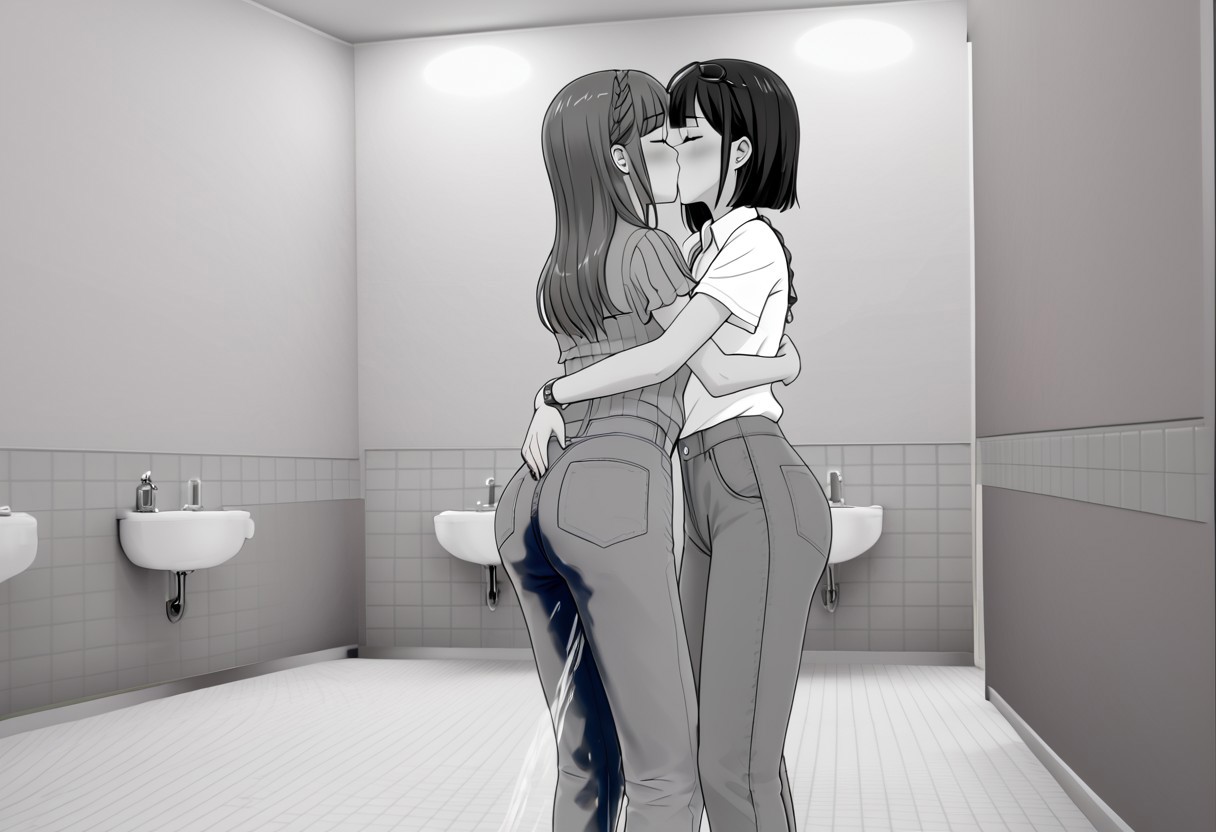 2girls peeing self, wetting pants, pee pants, pee stream, hugging, kissing, pissing, touching, masterpiece artwork.