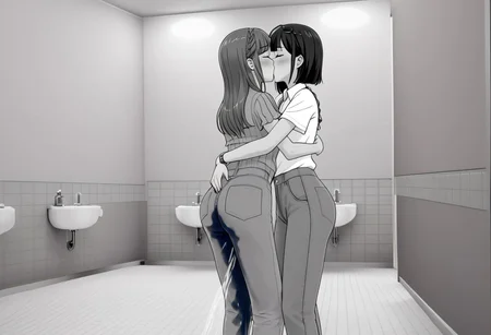 2girls peeing self, wetting pants, pee pants, pee stream, hugging, kissing, pissing, touching, masterpiece artwork.