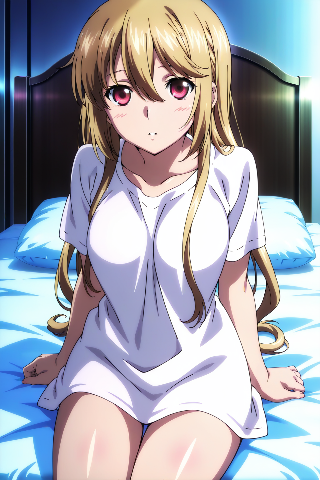 anime screenshot, strike the blood, 1girl, solo, aiba asagi, blonde hair, long hair, straight hair, red eyes, medium breasts, white shirt, t-shirt, naked shirt, oversized shirt, short sleeves, looking at viewer, sitting, parted lips, cowboy shot, indoors, bed, on bed, masterpiece, best quality, high quality, highres, absurdres,  <lora:aiba_asagi_ILXL:0.9>