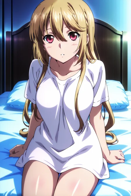 anime screenshot, strike the blood, 1girl, solo, aiba asagi, blonde hair, long hair, straight hair, red eyes, medium breasts, white shirt, t-shirt, naked shirt, oversized shirt, short sleeves, looking at viewer, sitting, parted lips, cowboy shot, indoors, bed, on bed, masterpiece, best quality, high quality, highres, absurdres, <lora:aiba_asagi_ILXL:0.9>