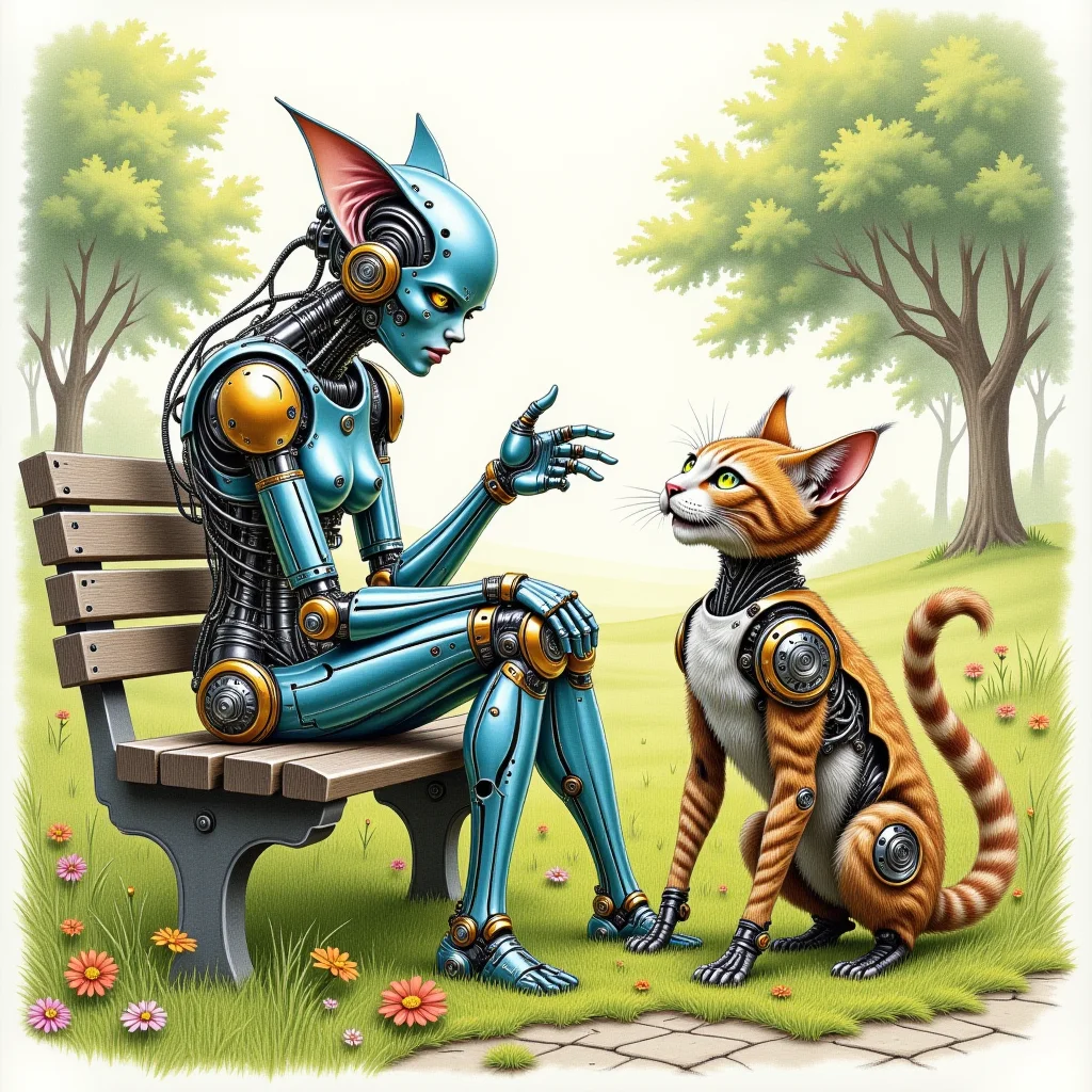 cybotix style, A colored pencil drawing of a cyborg women sat on a park bench being entertained by a whimsical and comical cheshire cat, with a background of lush grass, flowers and trees