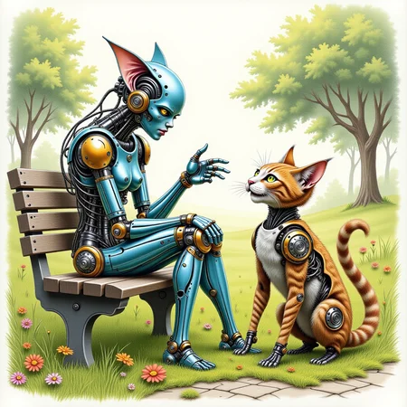 cybotix style, A colored pencil drawing of a cyborg women sat on a park bench being entertained by a whimsical and comical cheshire cat, with a background of lush grass, flowers and trees