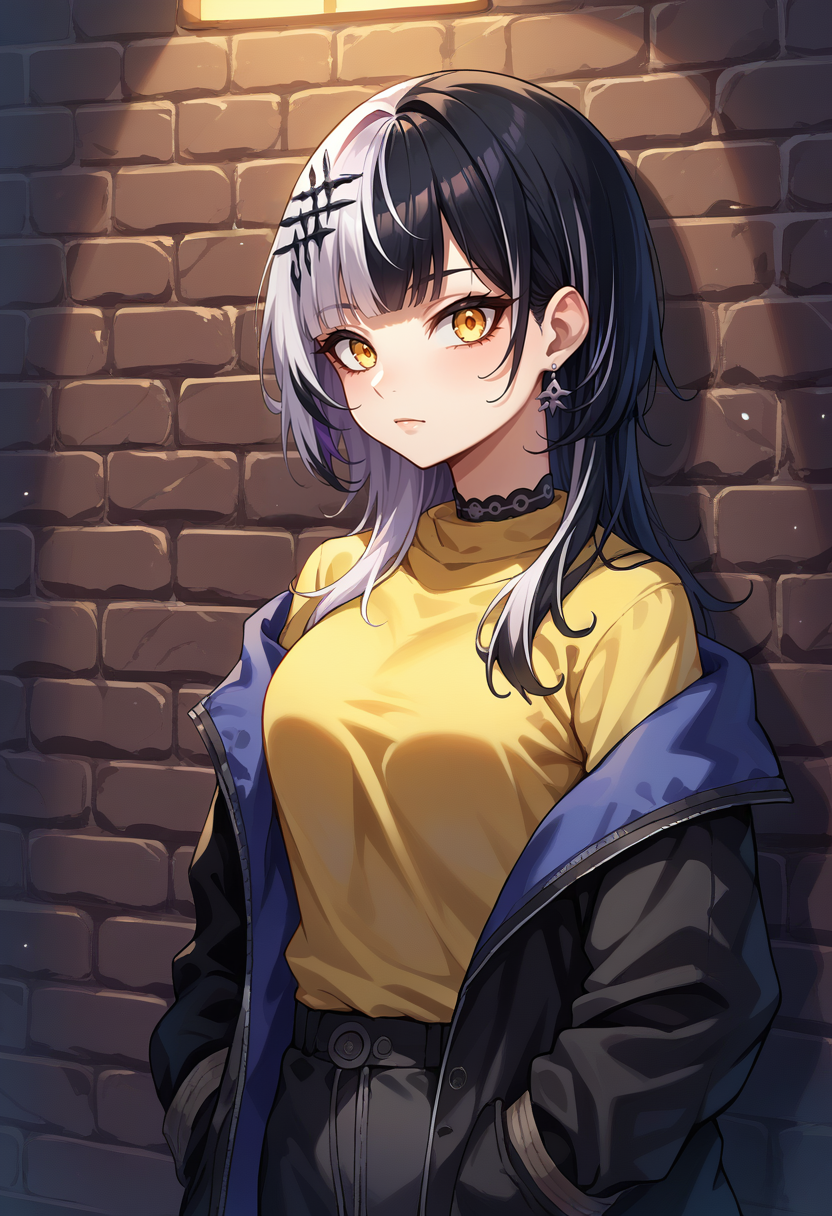 score_9, score_8_up, source_anime, 1girl, solo, ShioriNovella, split-color hair, white hair, black hair, yellow eyes, hair ornament, earrings, sharp eyes, choker, neon shirt, open jacket, turtleneck sweater, night, against wall, brick wall, graffiti, dim lighting, alley, looking at viewer, <lora:ChamShioriNovellaPonyXLCame-000008:1>