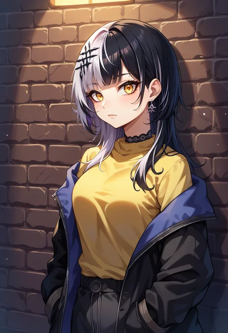 score_9, score_8_up, source_anime, 1girl, solo, ShioriNovella, split-color hair, white hair, black hair, yellow eyes, hair ornament, earrings, sharp eyes, choker, neon shirt, open jacket, turtleneck sweater, night, against wall, brick wall, graffiti, dim lighting, alley, looking at viewer, <lora:ChamShioriNovellaPonyXLCame-000008:1>