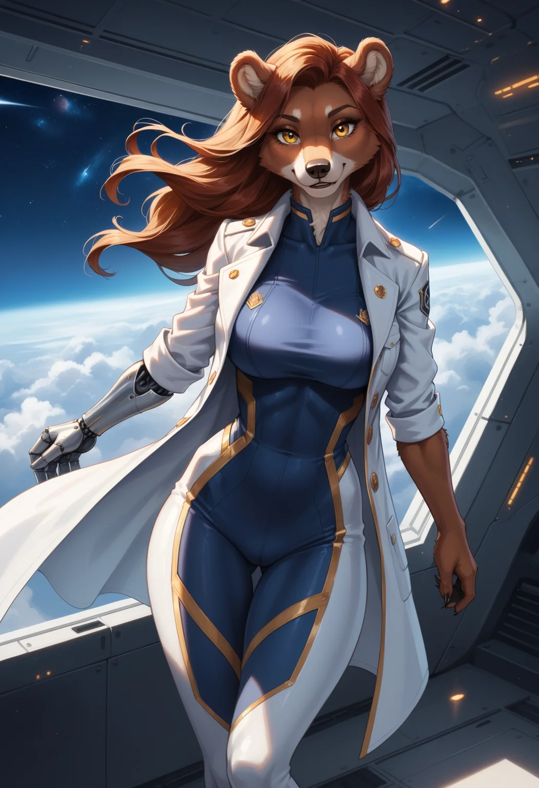 score_9, score_8_up, score_7_up, source_furry, high quality, perfection, detailed, aesthetic, well-lighted,
indoors, spacecraft, zero gravity, cosmos, space,
1girl, solo, dynamic angle, unique angle, dutch angle,
furry female, anthro, furred body, fluffy fur, beautiful girl, cute girl, mature, milf, beautiful face, beautiful eyes, perfect eyes, detailed eyes,
bear girl, strong, muscular, large breasts, yellow eyes,
security officer, (captain coat:1.3), plugsuit, tight suit, prosthetic arm, mechanical arm,
flying, floating, looking at viewer,