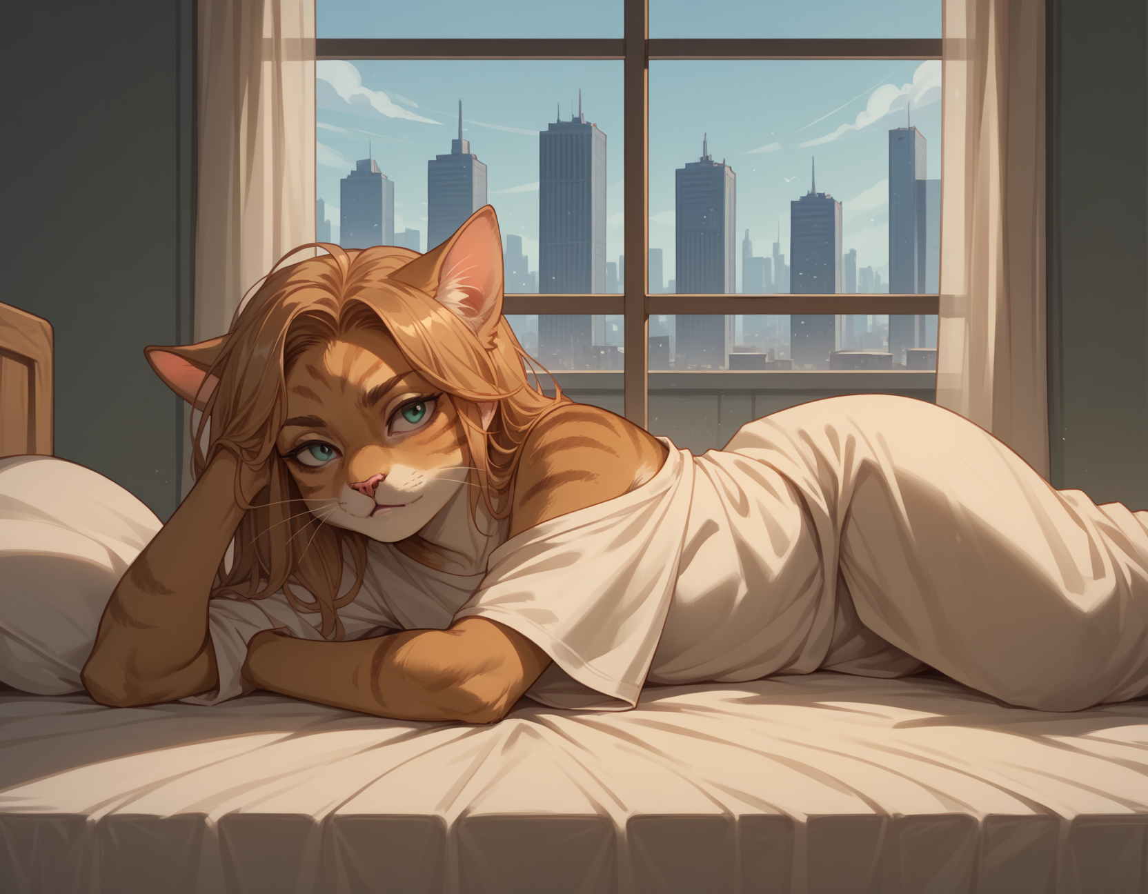 score_9, score_8_up, score_7_up, score_6_up, score_5_up, score_4_up, 1girl, furry, solo, cat, hud_pr0ppedup, on one elbow, upper body, lying, on side, <lora:hud_pr0ppedup_XLP:0.5>, bed, window, cityscape