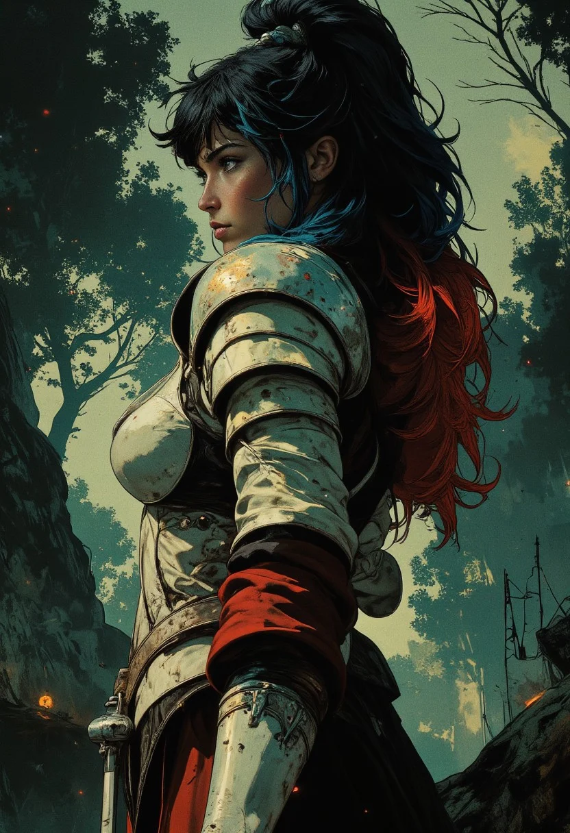 stunning female korean templar knight, long multicoloured hair (dark with blue and red highlights), helf-helm, bangs, dark eyeshadow, red lips, white and red plated armour, standing in a misty forest swamp, closeup profile image, High Detail, Perfect Composition, in shadow with shafts of light, high contrast, silhouetted, chiascuro