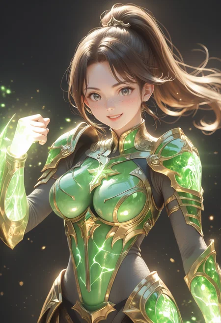 score_9, score_8_up, score_7_up, source_anime, masterpiece, best quality, perfect anatomy, very aesthetic, ((outlined outlined vector graphics)),no norm,
, cute face, (glow eyes:0.8), glittering, glimmering,, black background, cowboy shot, smile,__anlge__,
1girl, solo, 20yo, brown hair, gray eyes, (large breast:1), (ponytail:1.1), medium hair,(curvy:1.1),bangs, bodysuit, glowing, nature, skin tight, freckles,, holy armor, green bodysuit,green holy light body, green holy light armor, green holy light, green holy light legs,gold armor , fantasy, standing , , action pose , , <lora:holy-light-armor-01:1>