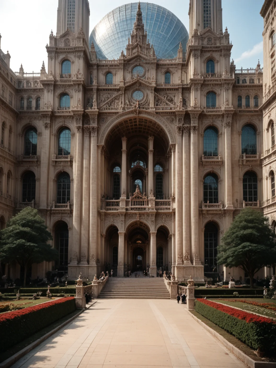 score_8-up, score_7_up, impressive scenery, innovative point of view, general view, massive monument, majestic building with perfect architecture, straight lines, park with foutain, detailed sculptures, perfect contrasts, detailed dark shadows, lossless details highlights, innovative composition <lora:Majestic-Fantasy-Architecture-V2_ponyXL_LOREVER:0.8> mafarch, outdoors, geometric shapes, bold colors, luxurious, elegant, decorative, ornate