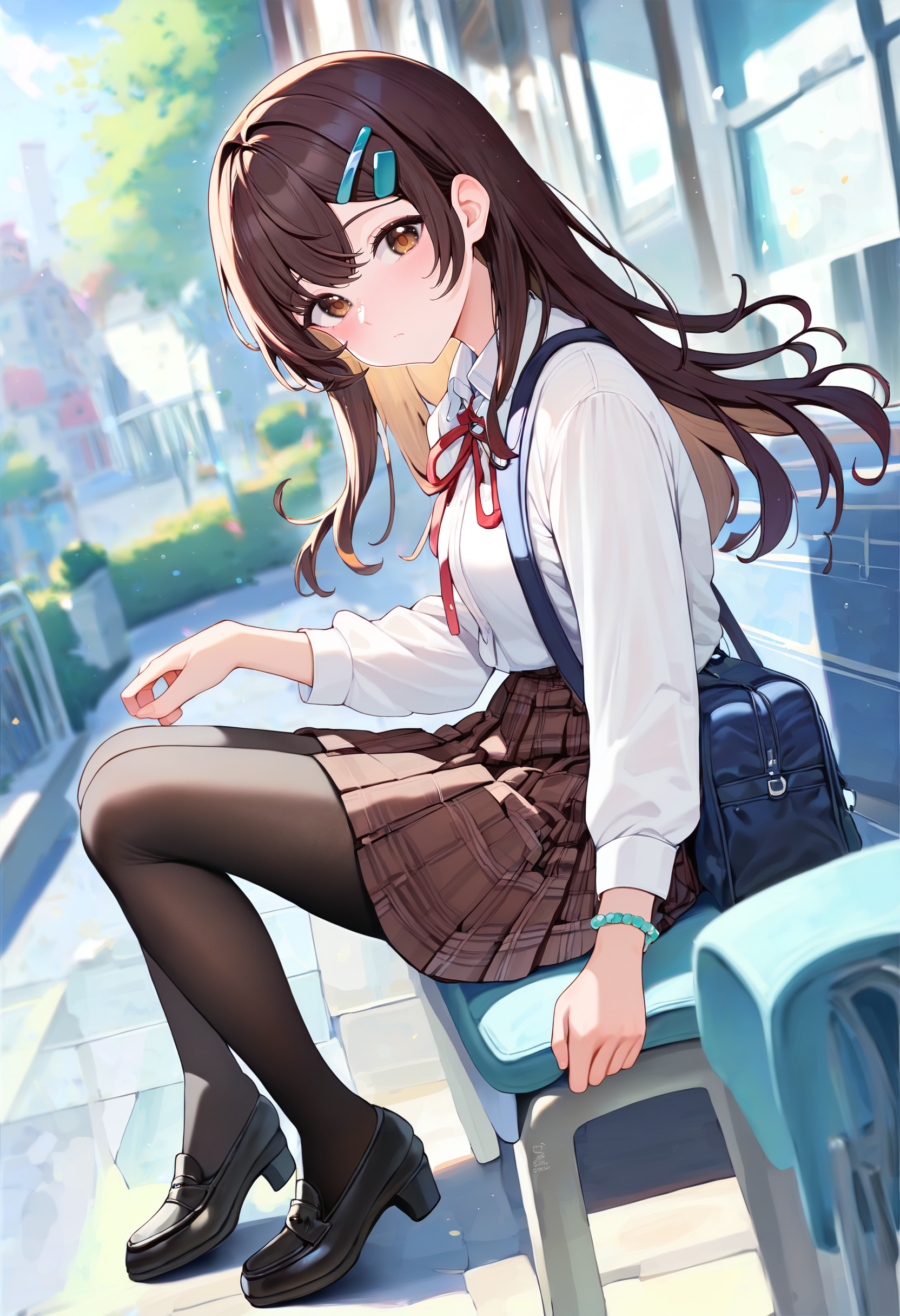 score_9,score_8_up,score_7_up,<lora:PDFA_Style5118164398:1>,1girl,solo,looking at viewer,brown hair,rim light,, :o, bag, black footwear, black pantyhose, black skirt, black socks, blurry, blurry background, bracelet, brown eyes, brown skirt, chair, closed mouth, collared shirt, day, depth of field, dutch angle, feet out of frame, floating hair, hair ornament, hairclip, high heels, jewelry, loafers, long hair, long sleeves, miniskirt, outdoors, pantyhose, plaid, plaid skirt, pleated skirt, school bag, school uniform, shirt, shoes, sitting, skirt, socks, sunlight, white shirt