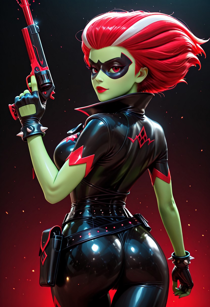 masterpiece, high quality, best quality, vivid colors, vibrant colors, BREAK, Befana , red eyes, green skin female, red hair,  red brushed back up hair with two stripes on each sides, red lipstick, black bodysuit, skin-tight, mask domino mask, black bow, red edges, short sleeves with jagged red edges stripes,  large jagged red-tipped collar, black fingerless gloves, spiked black cuffs, two thin black belts, sexy, erotic, skin tight, slim waist, wide hips, large breasts, dynamic pose, handgun, back view, BREAK, simple background, colorful background