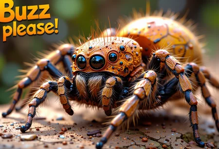 cute fluffy exotic spider, text that says "Buzz please!" <lora:aidmaPsychadelicChaosWorld-FLUX-v0.1:0.7><lora:FluxMythV2:1.0>