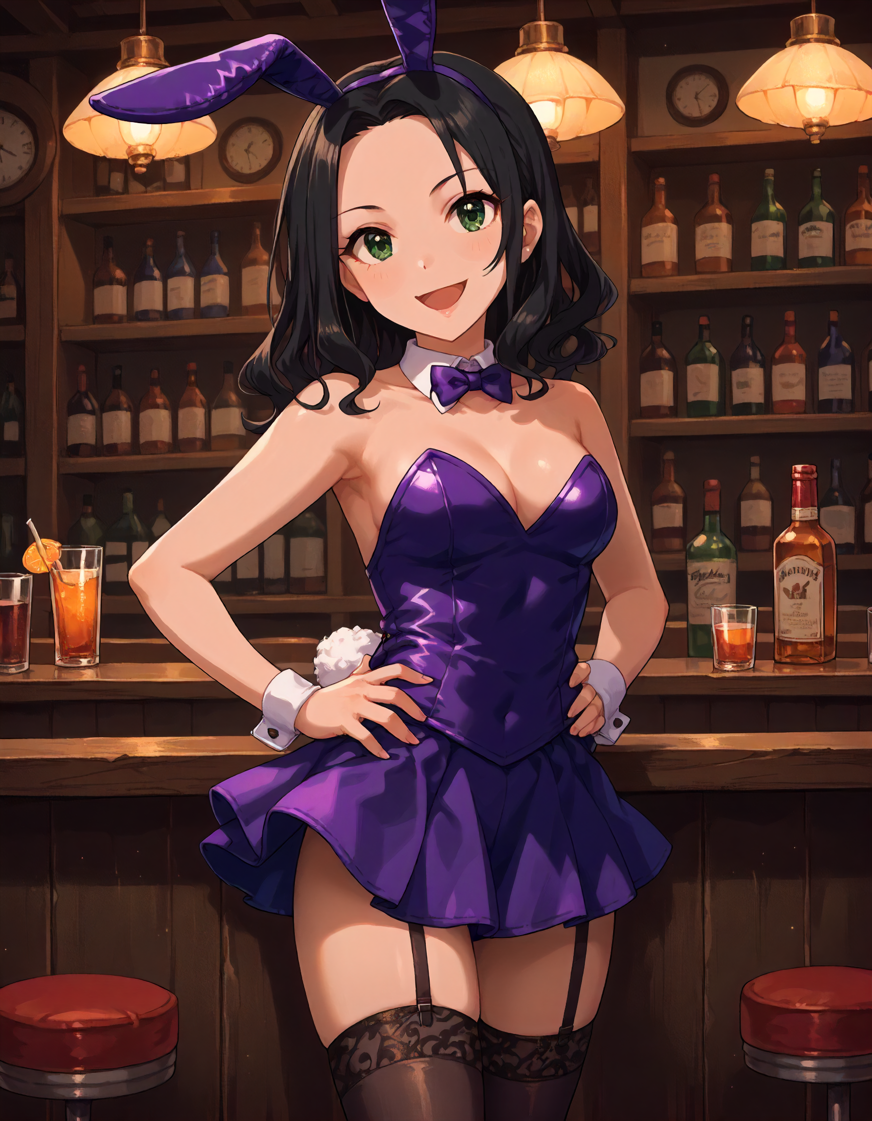 score_9,score_8_up,score_7_up,1girl,solo,standing,looking at viewer,smile,open mouth,hands on hips,bar,
<lora:soumanatsumi_ponyXLV6:0.8>,cgsnt,
black hair,medium hair,green eyes,
purple playboy bunny,skirt,thighhighs