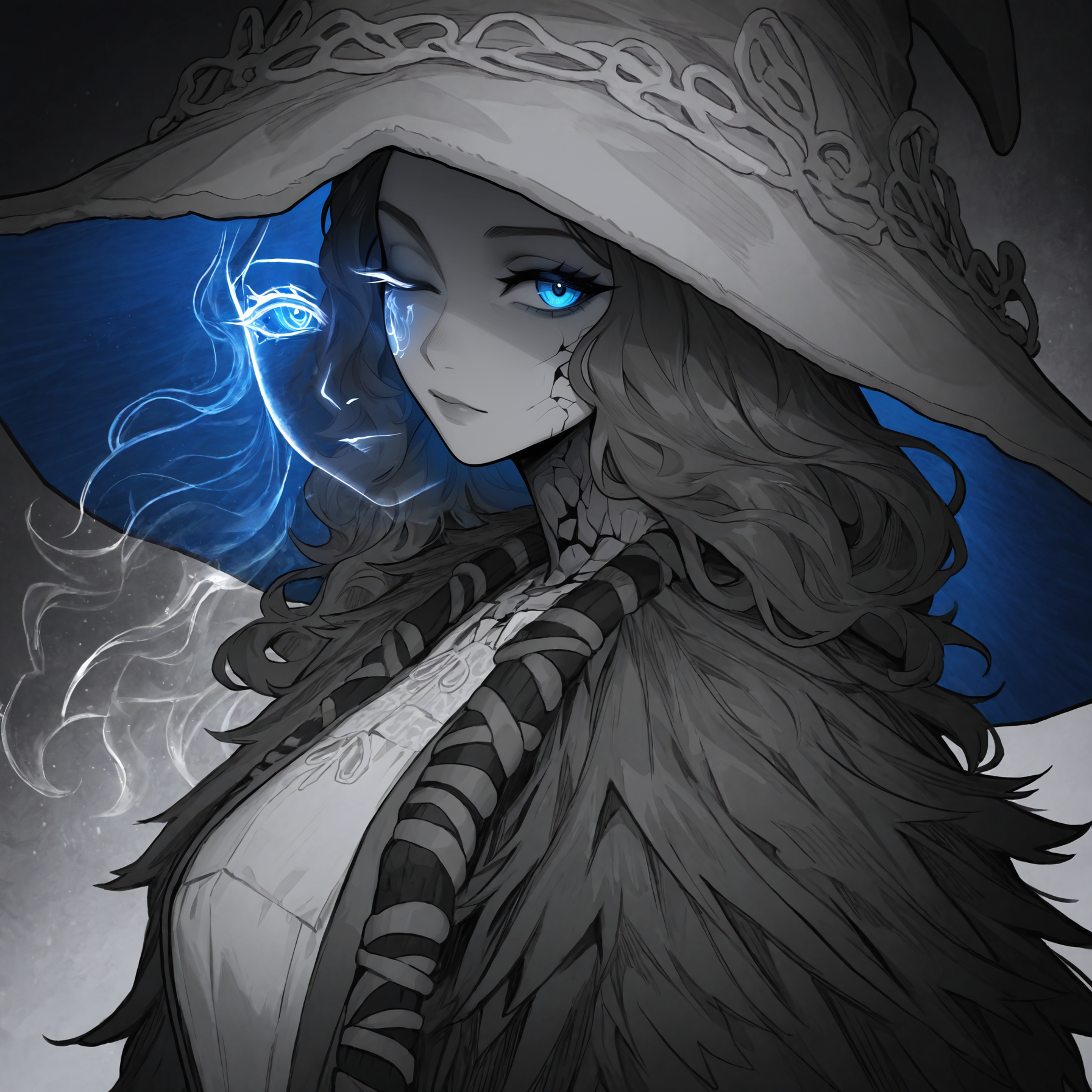 masterpiece, best quality, newest, absurdres, highres, 1girl, RnnDef, blue eyes, one eye closed, wavy hair, extra faces, ghost face, cracked skin, doll joints, witch hat, large hat, headwear, dress, fur cloak, <lora:Ranni_illusXLNoobAI_Incrs_v1-000012:1>, monochrome, greyscale, spot color, eye trail, from side, looking at viewer, abstract background, upper body, close-up,