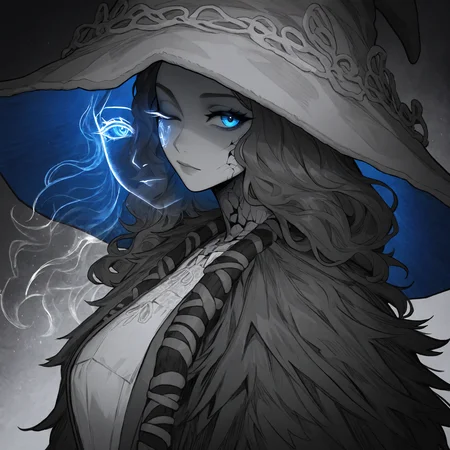 masterpiece, best quality, newest, absurdres, highres, 1girl, RnnDef, blue eyes, one eye closed, wavy hair, extra faces, ghost face, cracked skin, doll joints, witch hat, large hat, headwear, dress, fur cloak, <lora:Ranni_illusXLNoobAI_Incrs_v1-000012:1>, monochrome, greyscale, spot color, eye trail, from side, looking at viewer, abstract background, upper body, close-up,