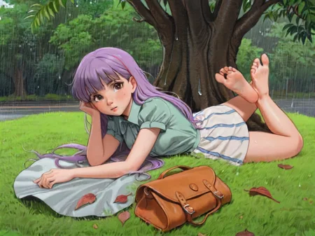 little thunder style, little thunder, style,1girl,solo,long hair,bangs,shirt,dress,purple hair,short sleeves,outdoors,lying,barefoot,bag,tree,leaf,on side,grass,plant,rain,green shirt, wide shot
<lora:merged model:1>