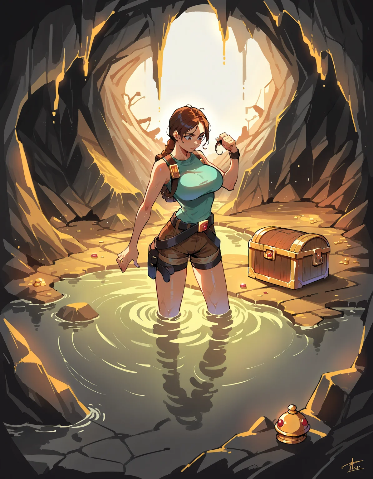 source_anime, score_9, score_8_up, score_7_up,
laracroftxl, 1girl, solo, large breasts, full body, white background, simple background, boots, thigh holster, short shorts, belt,
cave,flare,wading, treasure chest, gold,
<lora:LoraCroftxl:1>