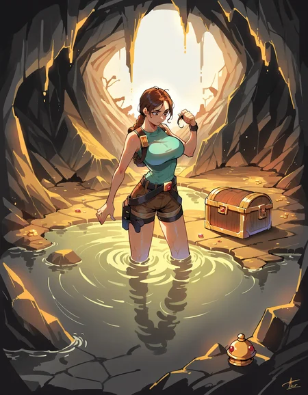 source_anime, score_9, score_8_up, score_7_up,
laracroftxl, 1girl, solo, large breasts, full body, white background, simple background, boots, thigh holster, short shorts, belt,
cave,flare,wading, treasure chest, gold,
<lora:LoraCroftxl:1>