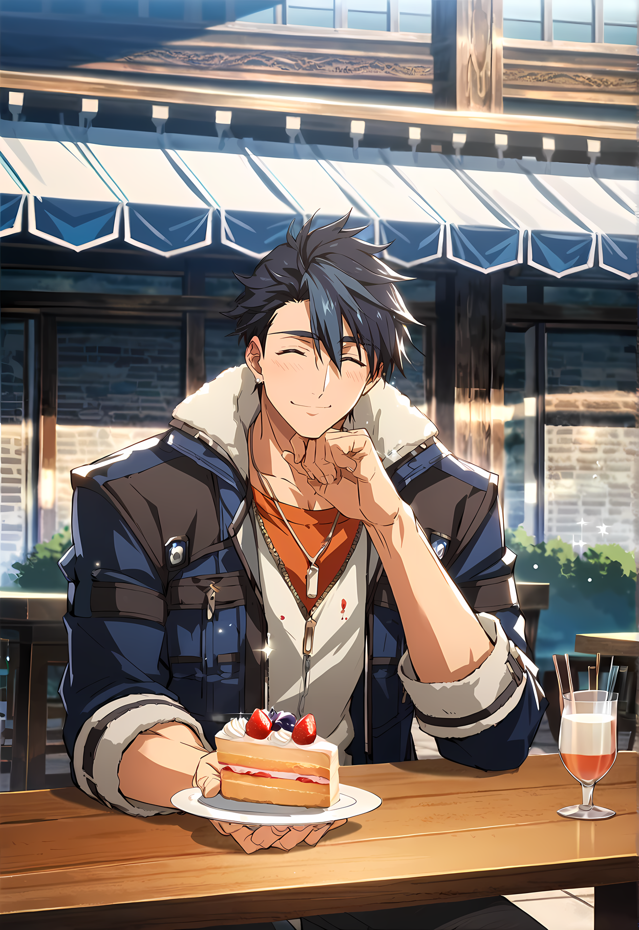 <lora:pony_Van_Arkride.safetensors:1.0> ,
1boy, solo, van arkride, two-tone hair, blue hair, dark blue hair, blue eyes, earrings, adult, mature male, male_focus, blue_jacket, dark pants, 
outdoors, cafe, sitting, table, dessert, cake, feast, happy, smiling, pleased, happy_aura, blush, sparkle_background, volumetric lighting, score_9, score_8_up, score_7_up, score_6_up, source_anime, high res image, masterpiece, best quality, best aesthetic, official artstyle, anime screencap, highly detailed, intricate details, detailed background, nsfw, uncensored, year 2023