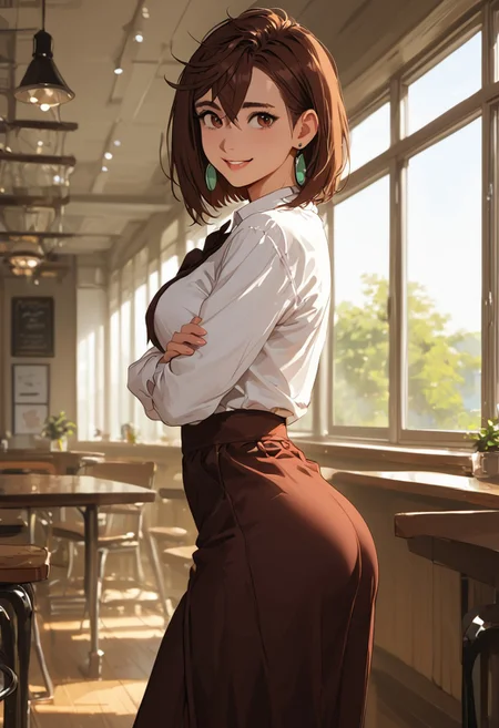 masterpiece,best quality, highly detailed, score_9, score_8_up, score_7_up, score_6_up, hyperrealistic,
BREAK
1girl, (((Momo Ayase, brown hair, medium hair, brown eyes, butt, slender, full breasts, thick thighs, sexy, adult, ))), (((sexy pose, closeup, focus on face, waist up photo, portrait)),
, (((long sleeved shirt,, midriff, long skirt, tight skirt at hips, view from knees up, view from side, looking at viewer,, shy smile)))
(((Standing, by table, , cute, cafe ))),, coffee shop, morning, by window, (((sexy setting,view from side, sunlight on body romantic, hidden))); , , vibrant colors, soft focus, textured surfaces, depth of field, dim, rich details,,background, (((solo)))