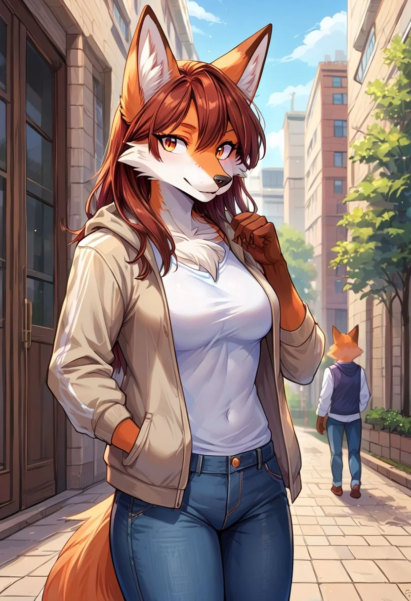 score 9, score 8 up, 1girl, masterpiece, outdoors, jeans, denim, tshirt, jacket, standing, ITMStyle, fox anthro, body fur, furry, fur