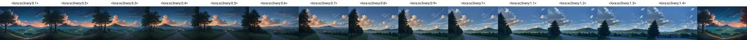 score_9, score_8_up, score_7_up, blue sky, cloud, cloudy sky, night, outdoors, scenery, sky, tree, hills, europe, no humans, source_cartoon, source_anime, sunset, vibrant colors, high contrast, landscape,
<lora:sc3nery:0.1>