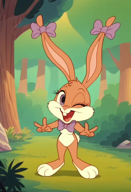 (source_furry, source_cartoon,  score_9, score_8_up, score_7_up:1), solo female, 1girl, screencap, (chibi:0.5), bunny, bows, looking at viewer, V, smile, open mouth, winking, outdoors, forest