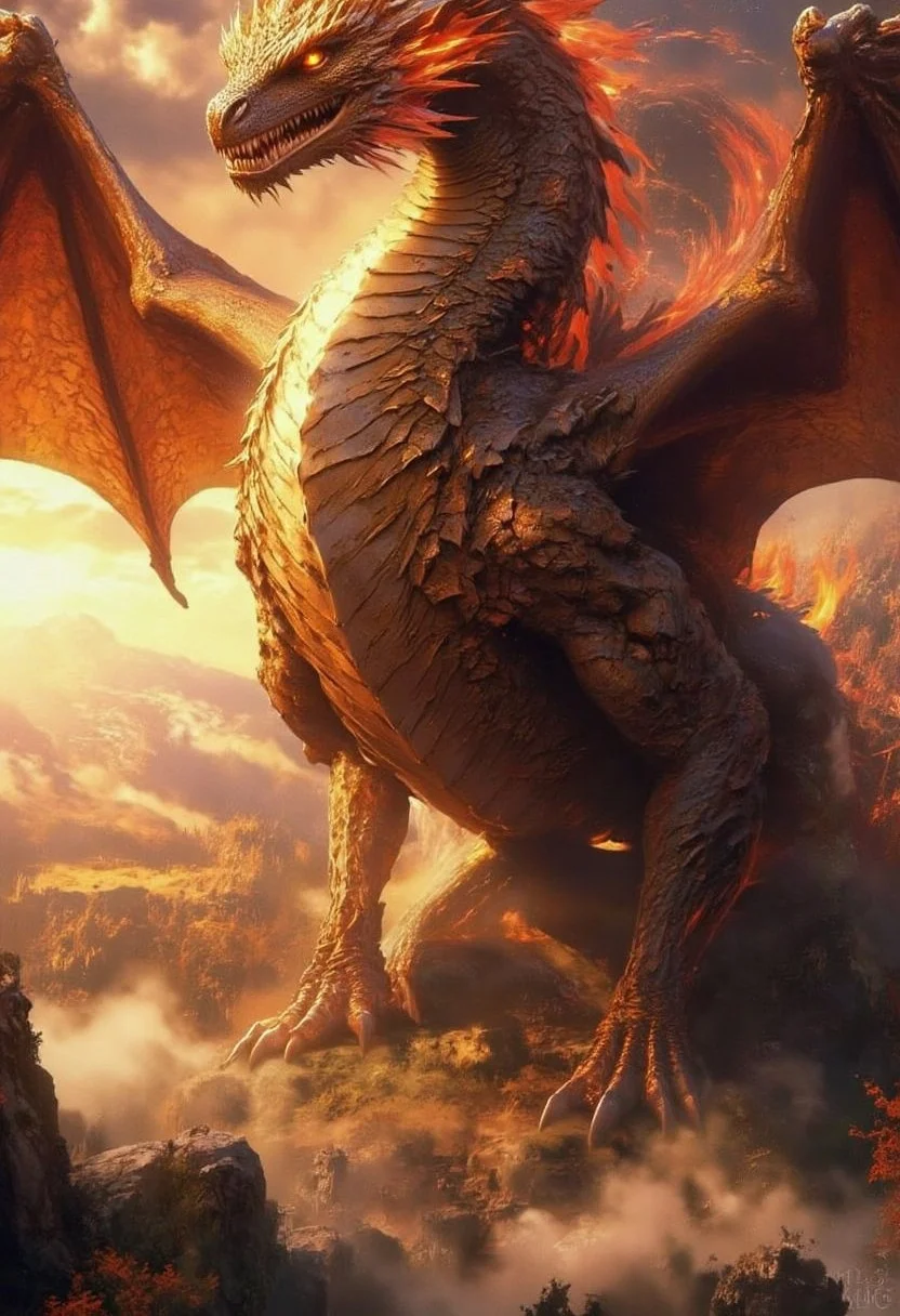 fantasy art, a dragon soaring in the air against the background of a bright sunset sky. a contrasting light illuminates the dragon, His huge wings shine with a fiery light. Below him, the forest stretches out in a haze, the smoke rises to the sky, adding drama to the scene
high_detailed, captured in high detail