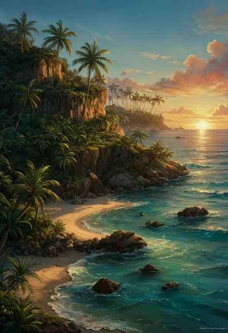 score_9, score_8_up, score_7_up, tropical island with palms, white sand and crystal waters, the setting sun creates an orange and pink sky, seagulss flying over the water and there's a hamok hanging between two palms, beautiful oil matte painting,romantic,style of thomas kinkade,beautiful digital painting,anime landscape,romantic painting,dreamlike digital painting,colorful painting,beautiful gorgeous digital art,style of greg rutkowski,janek sedlar,jenny saville