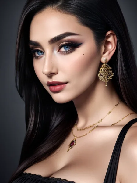 RAW, best quality, ultra-detailed, masterpiece, finely detail, high res, 8k wallpaper, best quality, highres, Photorealistic, detailed beautiful faces, nsfw, uncensored, (face:1.1),
<lora:more_details:0.75>,<lora:LowRA:0.3>, kkw-ph1, OverallDetail,, <lora:RenBlk1:1>, Renblk1, renada, 1girl, solo, jewelry, earrings, mole, black hair, dress, long hair, black dress, hoop earrings, tattoo, looking at viewer, nail polish, red nails, blue eyes, ring, lips, makeup, thick eyebrows, (mole under eye:1.1), eyeshadow, eyelashes, long dress, necklace, lipstick, lips, lipstick mark, grey eyes, mole, (mole under mouth:1.1),