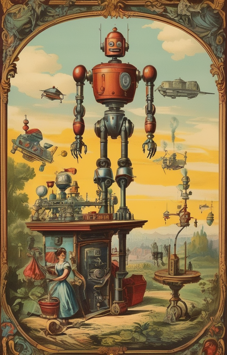 masterpiece,best quality,<lora:tbh261-sdxl:0.9>,illustration,style of Chromolithography portrait of Housework robots