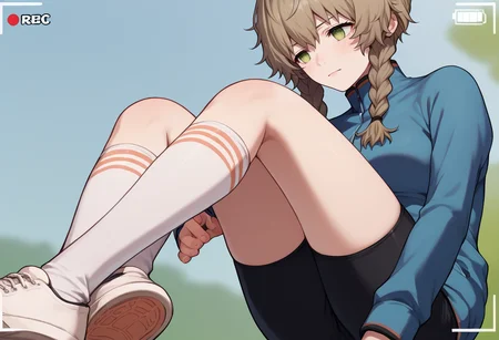 score_9, score_8_up, score_7_up, source anime , 1girl, camera frame , <lora:Camera frame-000013:1> <lora:Amane Suzuha:1> amane suzuha, short hair, twin braids, green eyes, brown hair, blue jacket, black shorts, white socks