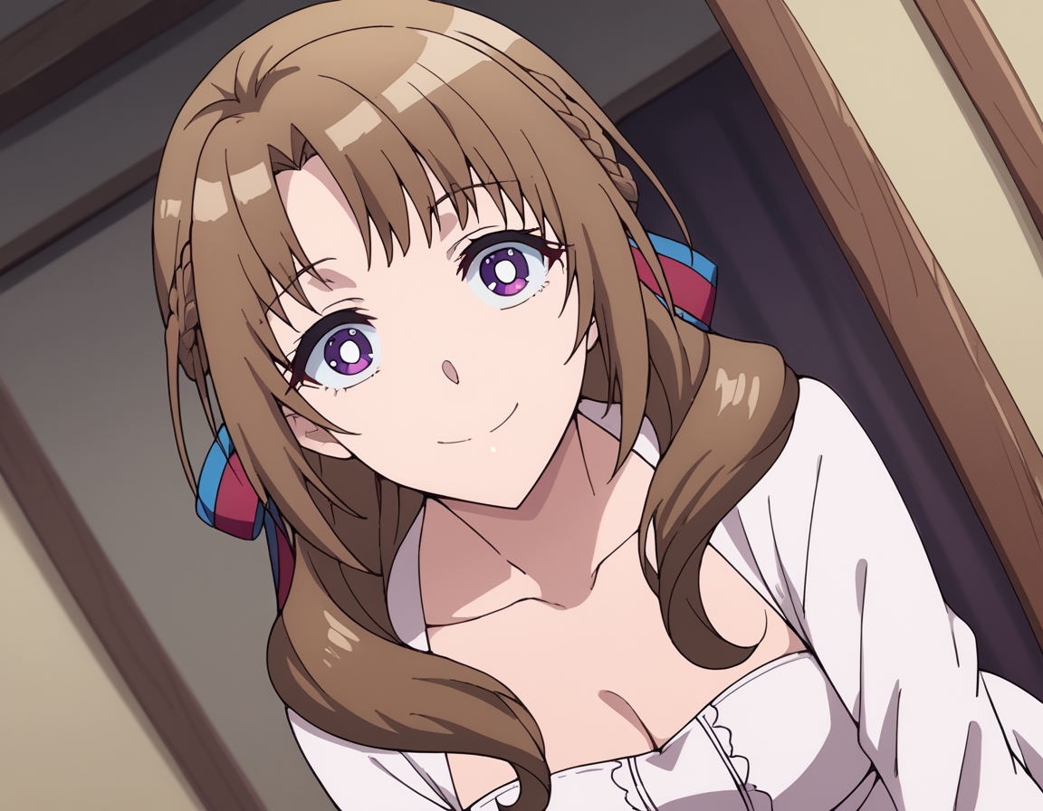 score_9, score_8_up, score_7_up, source_anime,
mamakooosuki, <lora:mamako-oosuki-s1-ponyxl-lora-nochekaiser:1>,
mamako oosuki, long hair, brown hair, purple eyes, hair ribbon, braid, bright pupils, french braid, white pupils,
dress, cleavage, collarbone, white dress, long sleeves, center frills, collarbone,
indoors, bent over, smile,
looking at viewer, cowboy shot, solo, dutch angle,