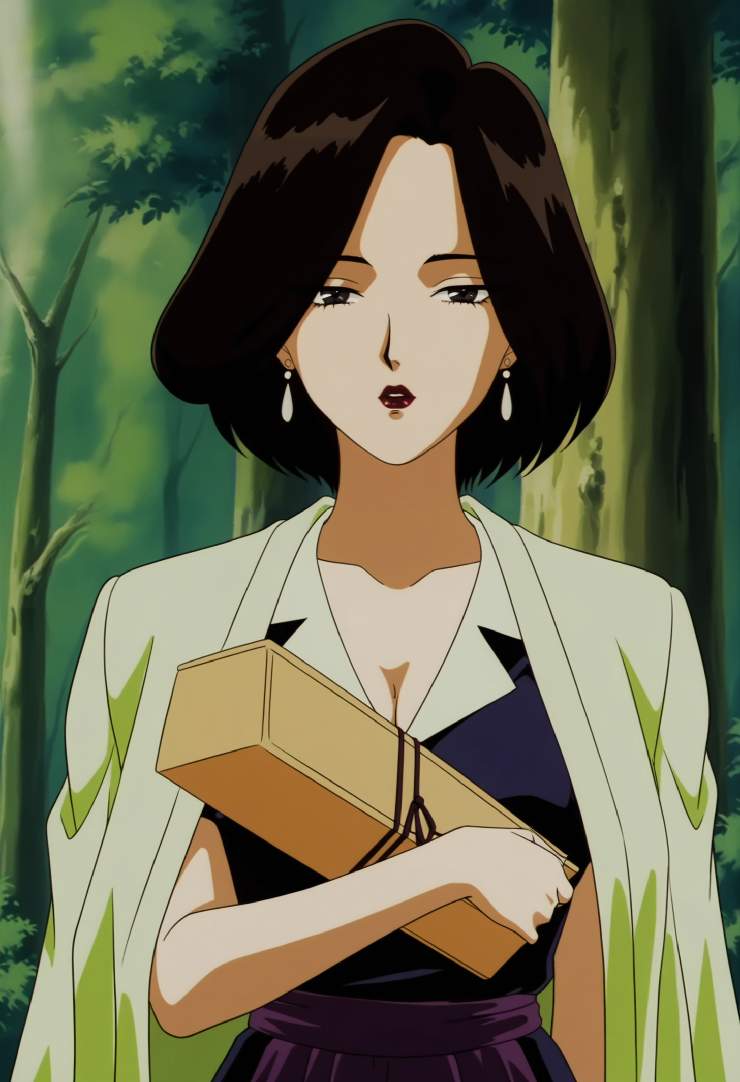 anime screencap,anime coloring,detailed face,masterpiece,best quality,very aesthetic,absurdres,official style,amazing quality,ultra detailed,highres,amazing quality,scenery,beautiful detailed hair,beautiful detailed eyes,
<lora:èæå­-IL V1:0.8>,Mxz,1girl,solo,short hair,makeup,earrings,retro artstyle,lipstick,black hair,black eyes,breasts,
jacket on shoulders,jacket,hakama,skirt,hakama skirt,