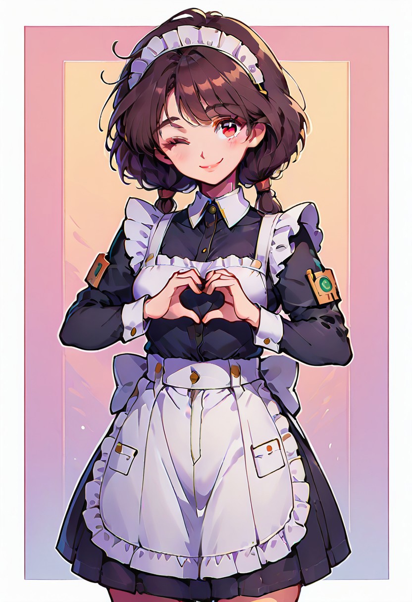 score_9, score_8_up, score_7_up, score_6_up, score_5_up,
canberra,brown hair,low twintails,red eyes,
1girl,medium breasts
,cowboy shot,front view,blush,smile,heart hands,l0ngm41d, long sleeves, bow, apron, maid, frilled apron,abstract background,white outline,one eye closed