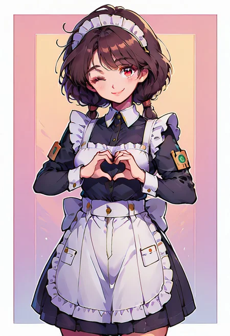 score_9, score_8_up, score_7_up, score_6_up, score_5_up,
canberra,brown hair,low twintails,red eyes,
1girl,medium breasts
,cowboy shot,front view,blush,smile,heart hands,l0ngm41d, long sleeves, bow, apron, maid, frilled apron,abstract background,white outline,one eye closed