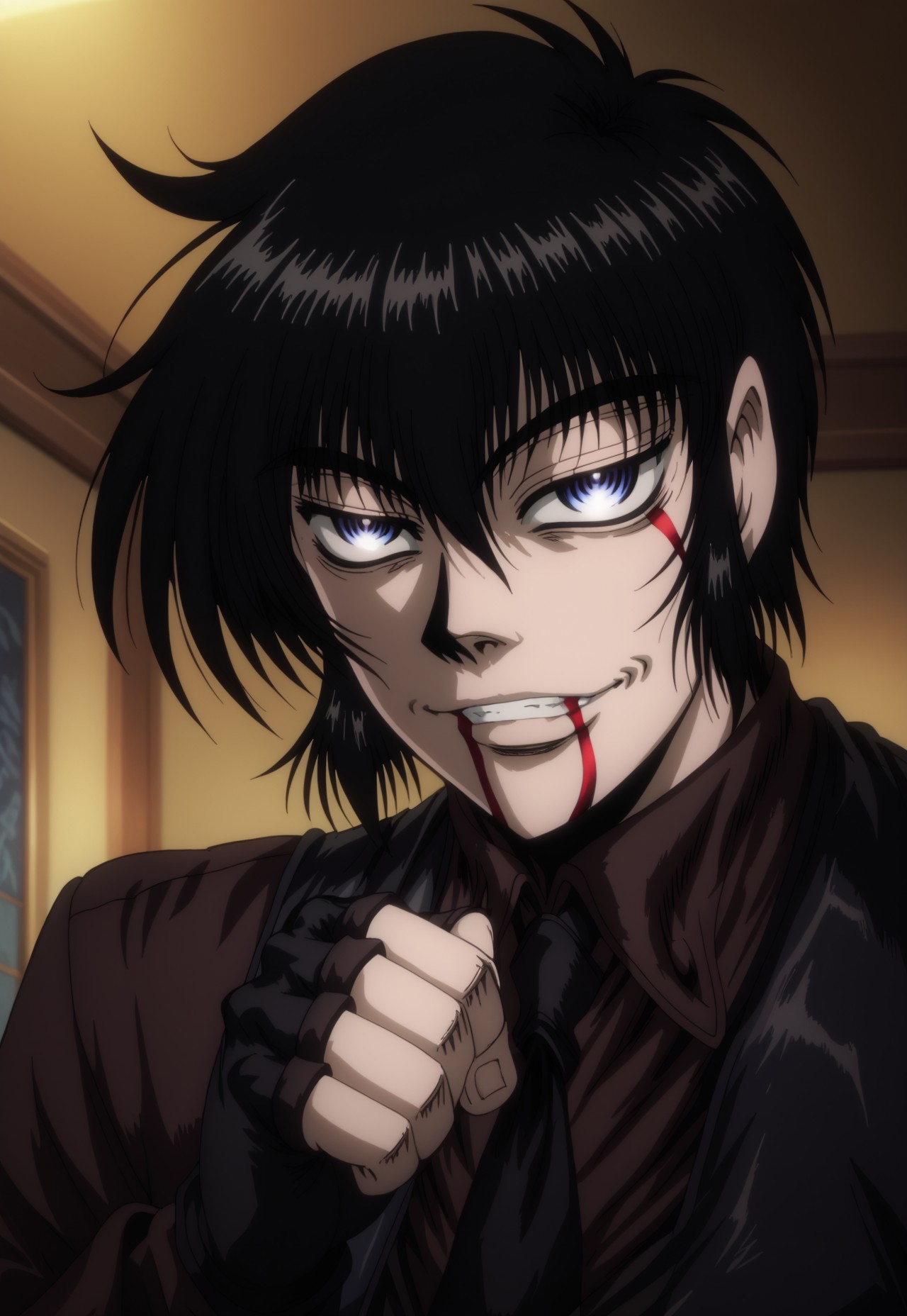 safe_pos, score_9, score_8_up, score_7_up, masterpiece, best quality, YoungWalter, solo, 1boy, male focus, black hair, short hair, blue eyes, black shirt, black necktie, black vest, black gloves, fingerless gloves, portrait, close-up, evil smirk, blood on face, annoyed, clenched teeth, perspective, indoors, manor, hellsing_ultimate_style
