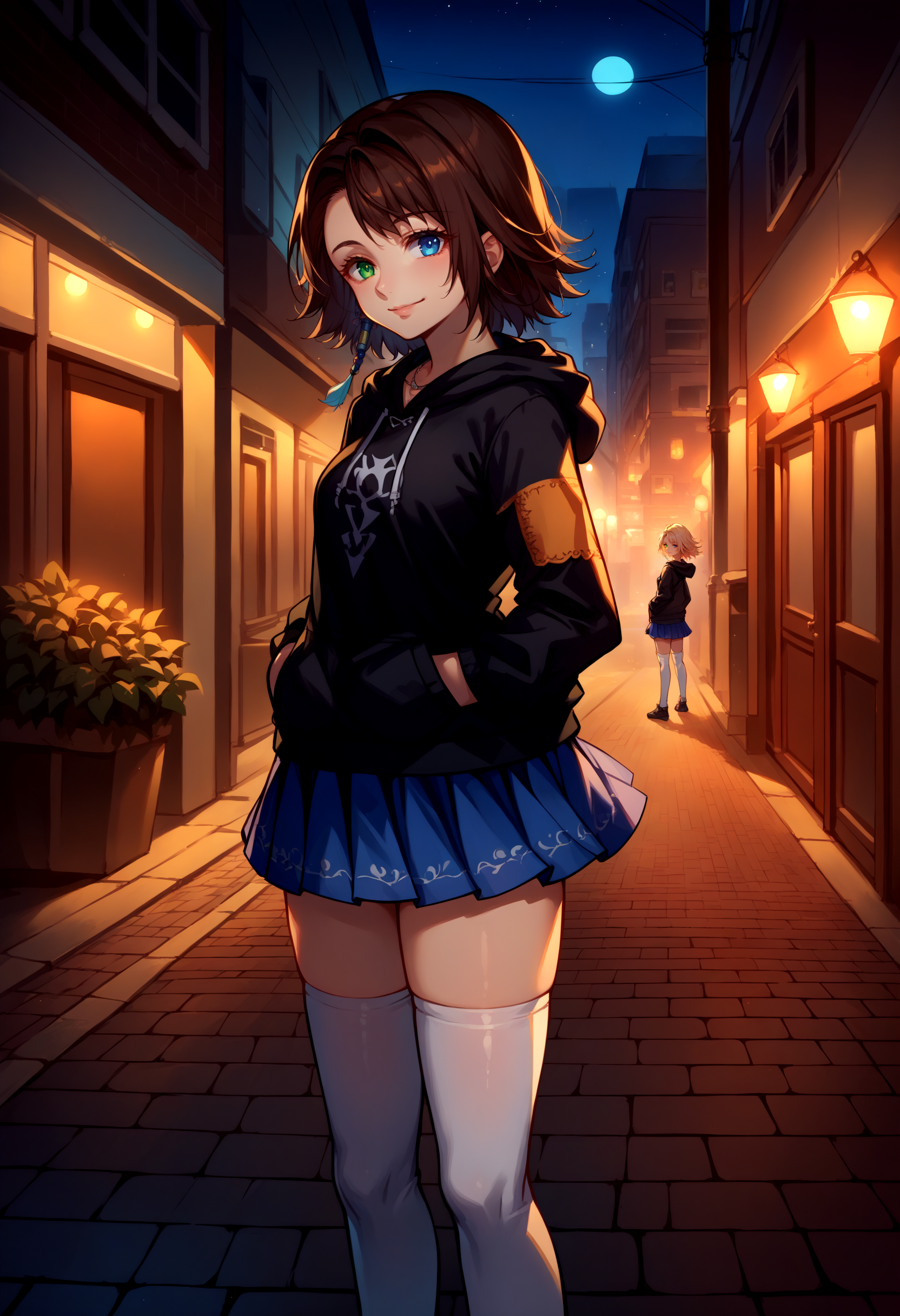 score_9, score_8_up, source_anime, 1girl, <lora:YunaX_XLPD:1>, YunaX, heterochromia, green eyes, blue eyes, black hoodie, white thighhighs, skirt, cowboy shot, night, street, outdoors, hands in pockets, looking at viewer, light smile,