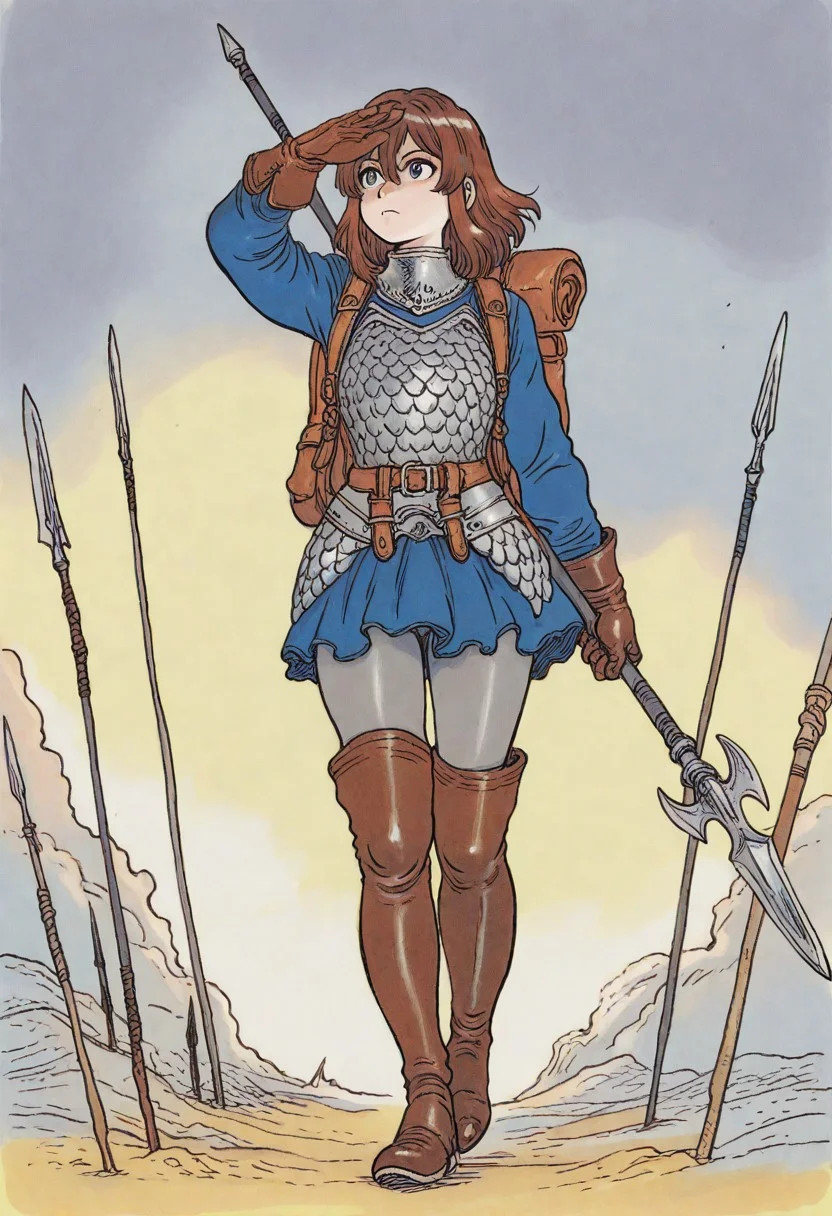 masterpiece, best quality, very aesthetic, absurdres, 
1girl, full body, solo, vanillaware, 
soldier, 
blue eyes, brown hair, medium hair, sidelocks, hair between eyes, bangs, 
armor, gorget, scale armor, breastplate, blue shirt, long sleeves, leather gloves, scaled skirt, grey leggings, thigh boots, leather boots, brown footwear, 
backpack, holding polearm, spear, 
standing, closed mouth, arm up, shading eyes, looking afar, 
rakugakingu
