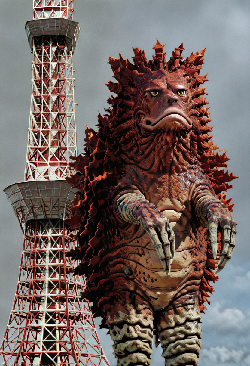 <lora:garamon:1.1>,garamon, monster, no humans, watermark, grey background, solo, web address, simple background, stand, tokyo tower, Three-quarter view,Stocky,
Score 9, Score 8 and above, Score 7 and above, Best quality, Ultra HD, High resolution, Digital painting, 8K, Solo, Detailed face, Sci-fi, Alien, No humans, Standing, photorealistic, 3d Render,