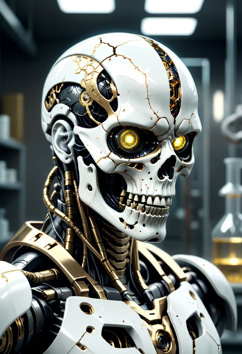 tribal warpaint, Cyberpunk,sci-fi,dark-fantasy,kodak portrait 400,8k,soft light,volumetric lighting,highly detailed,britt marling style 3/4,portrait photo of a war man cyborg robot in a chemical laboratory + face,face is skullbone with scares and cracks,intricate,elegant,highly detailed,kintsugi,white and gold,repaired with gold,2D motifs detailed dark fantasy digital painting,artstation,concept art,smooth,sharp focus,illustration. Cosmic light in backfront,