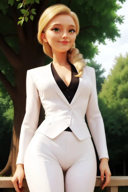score_9, score_8_up, score_7_up, masterpiece, high quality, solo, imtdemilieagreste, 1girl, blonde hair, long hair, green eyes, suit, white suit, hair ober shoulder, shirt, braid, single braid, white pants, long sleeves, eyelashes, smile, closed mouth, from below, wide hips, medium breast, park, beautiful landscape
