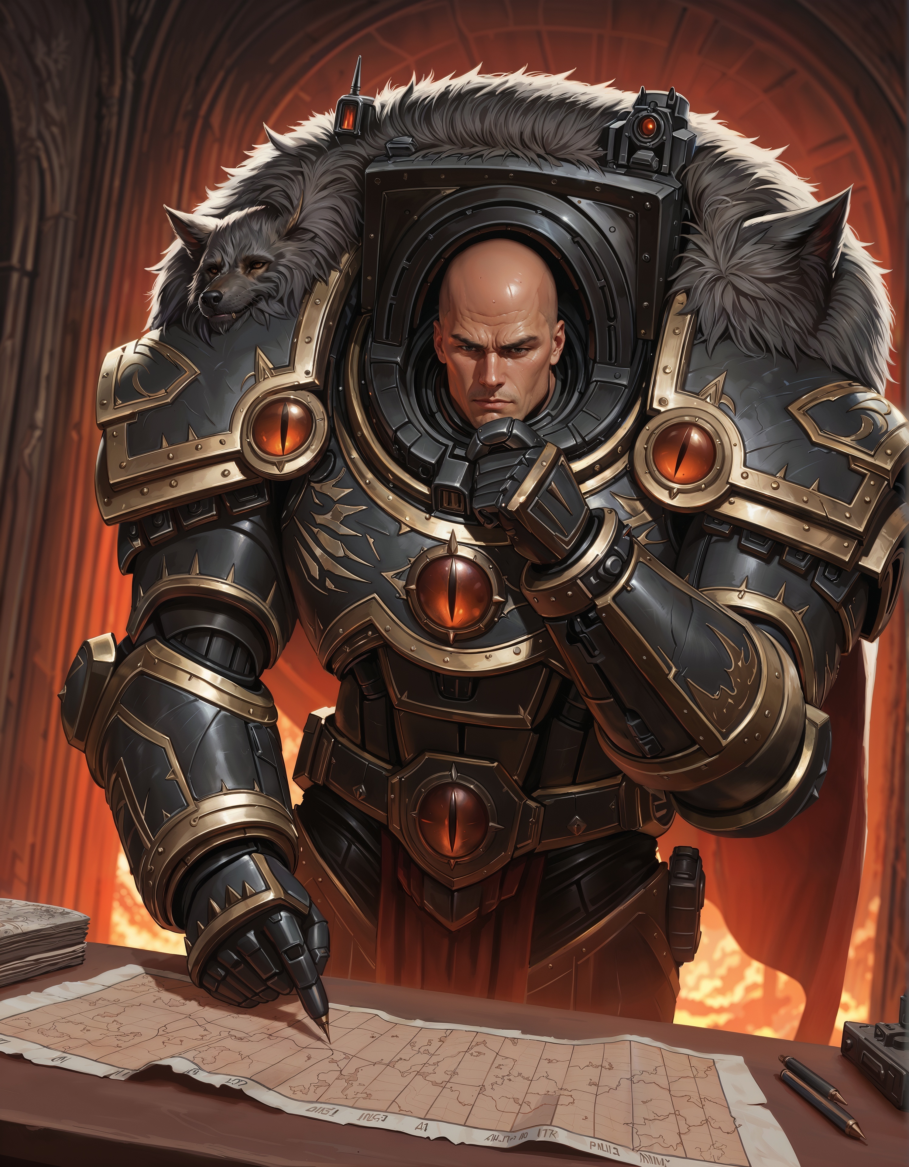 masterpiece, best quality,high quality, newest, highres,8K,HDR,absurdres, dynamic angle, realistic, 1boy, iLLHorusL40K, solo, power armor, planning, thinking, map, planning battle formation, strategy table, in a spaceship helm,  <lora:iLLHorusL40K:1>