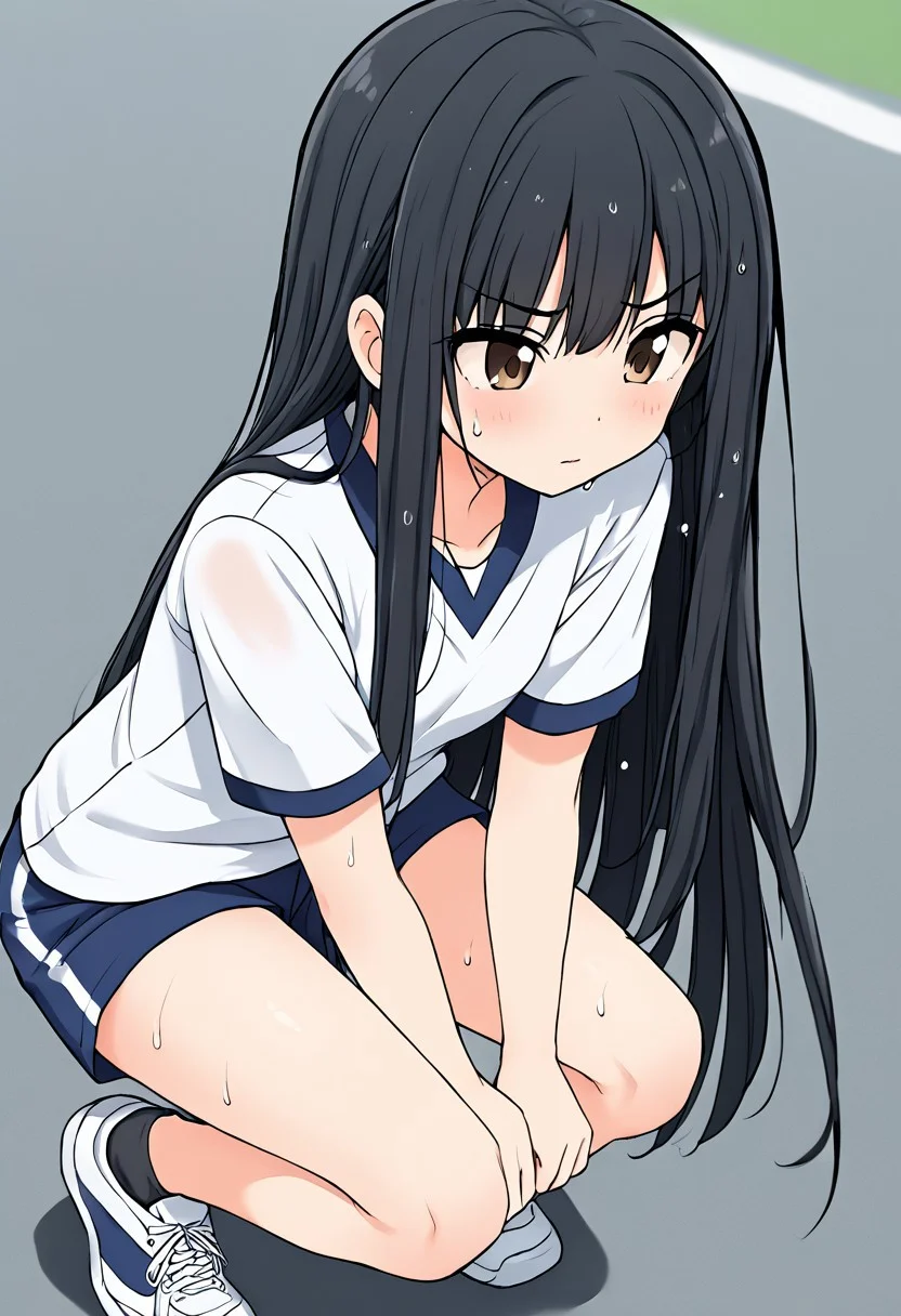 1gril, black hair, brown eyes, straight hair, very long hair, school gym uniform, blue shorts, white shirt, sneakers, sweating, hands on knees, outdoors, after workout